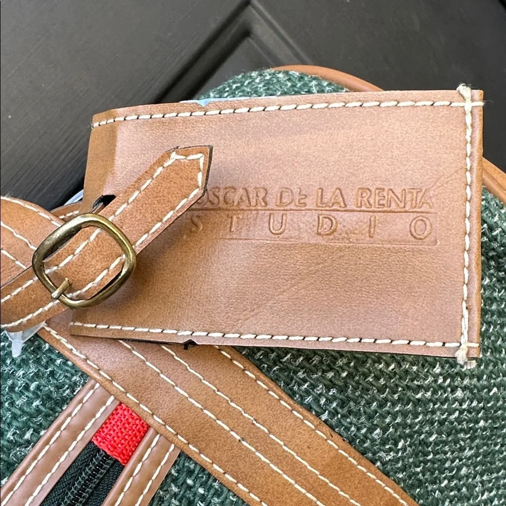 Oscar de La Renta Studio small duffel green tweed with tan straps & luggage tag